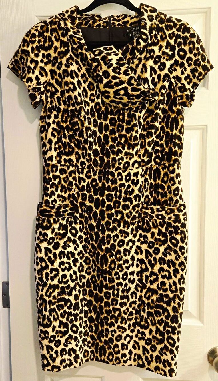 ETCETERA Leopard Print Velvet Sheath Dress Size 8 Scarf Neck Glam Velveteen Camp